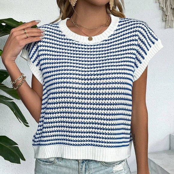 White Casual Women's Knit Mix Striped Round Neck Loose Knit Top - Picture 8 of 8